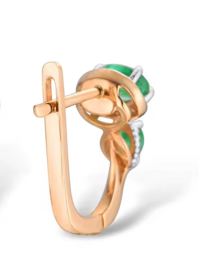 Rose Gold sparkling diamonds and green emeralds loop earrings