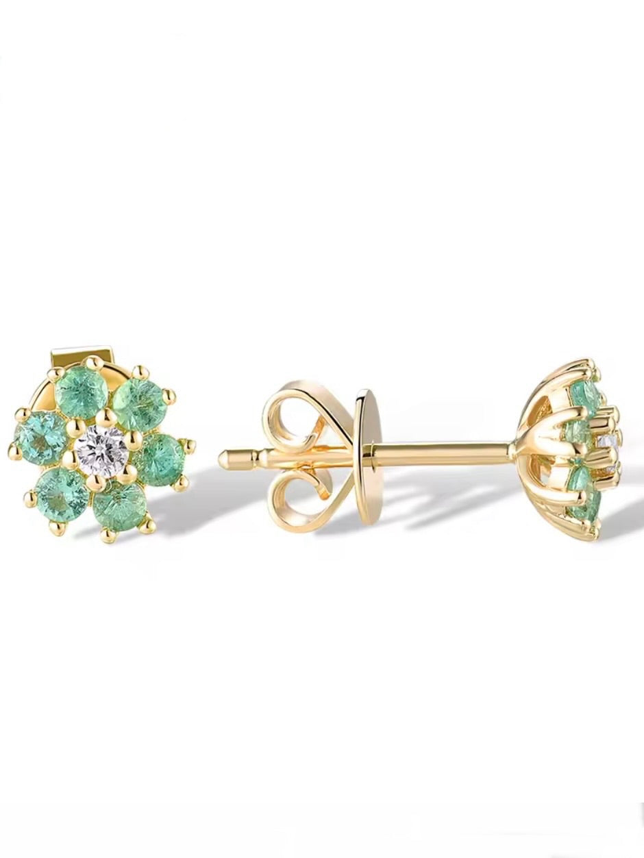 Yellow/white gold flowers 14k ruby/sapphire/emeralds with sparkling diamonds stud earrings