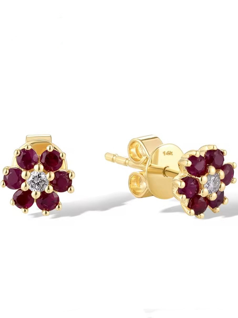 Yellow/white gold flowers 14k ruby/sapphire/emeralds with sparkling diamonds stud earrings