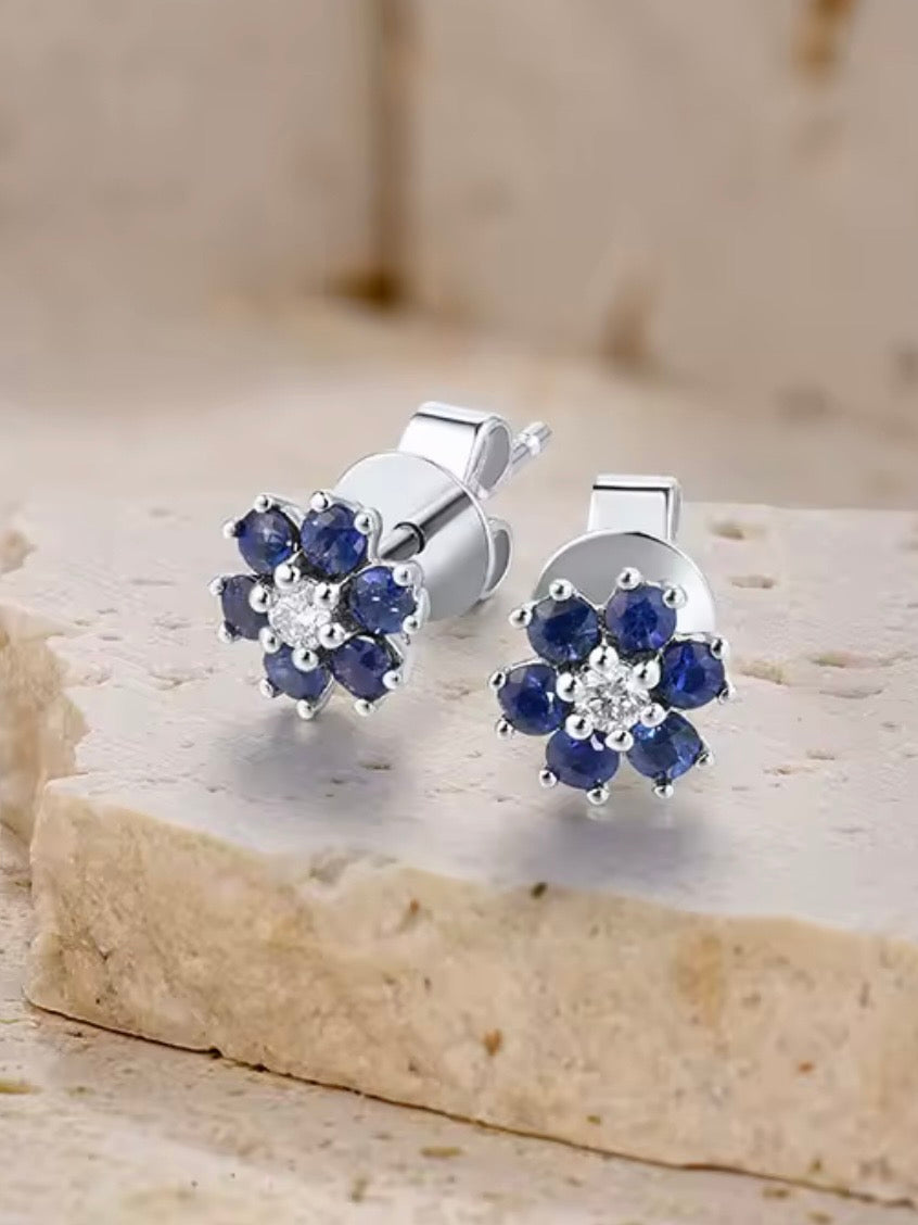 Yellow/white gold flowers 14k ruby/sapphire/emeralds with sparkling diamonds stud earrings