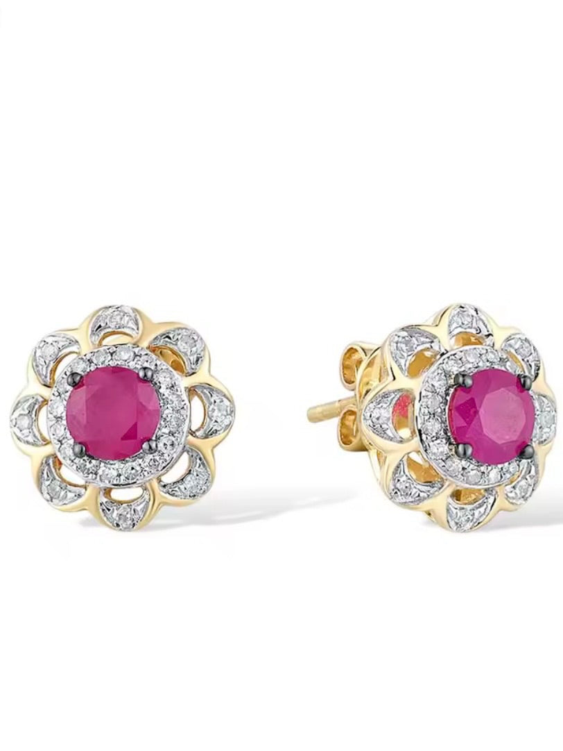 Yellow gold flowers 14k ruby with sparkling diamonds stud earrings