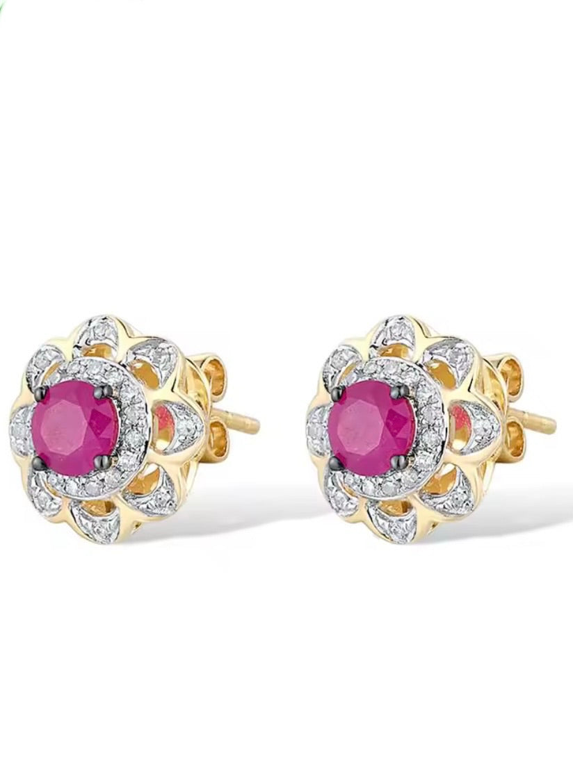 Yellow gold flowers 14k ruby with sparkling diamonds stud earrings