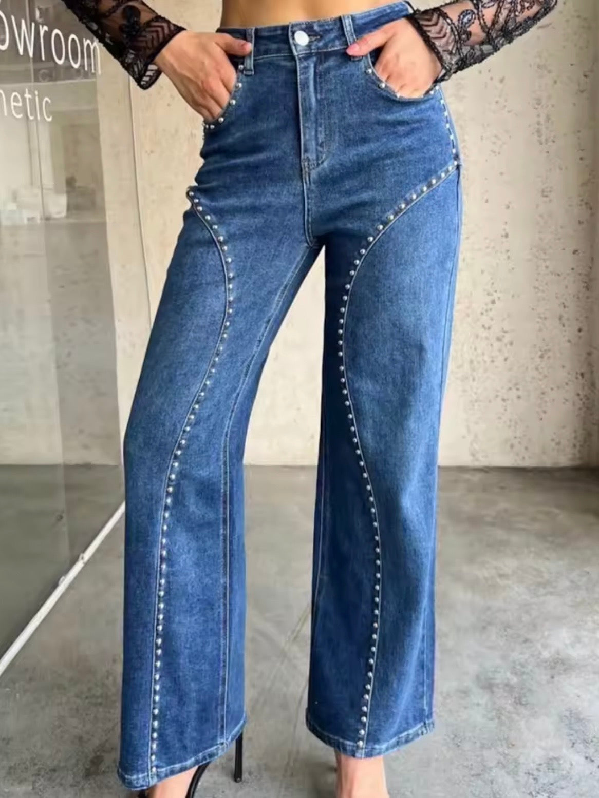 Blue / Black studded wide leg jeans pants