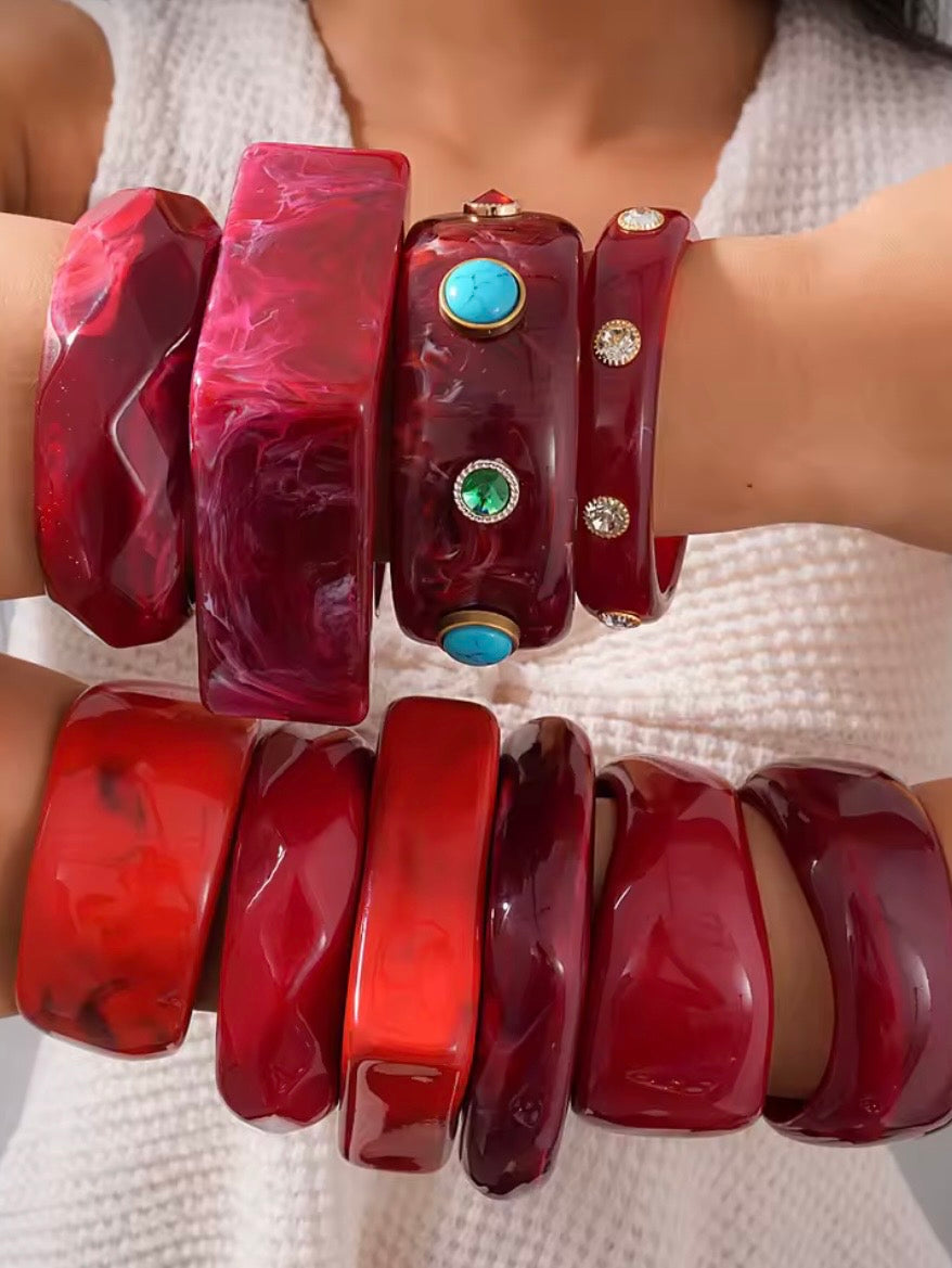 Red mixed designs resin studded brown wide bracelet