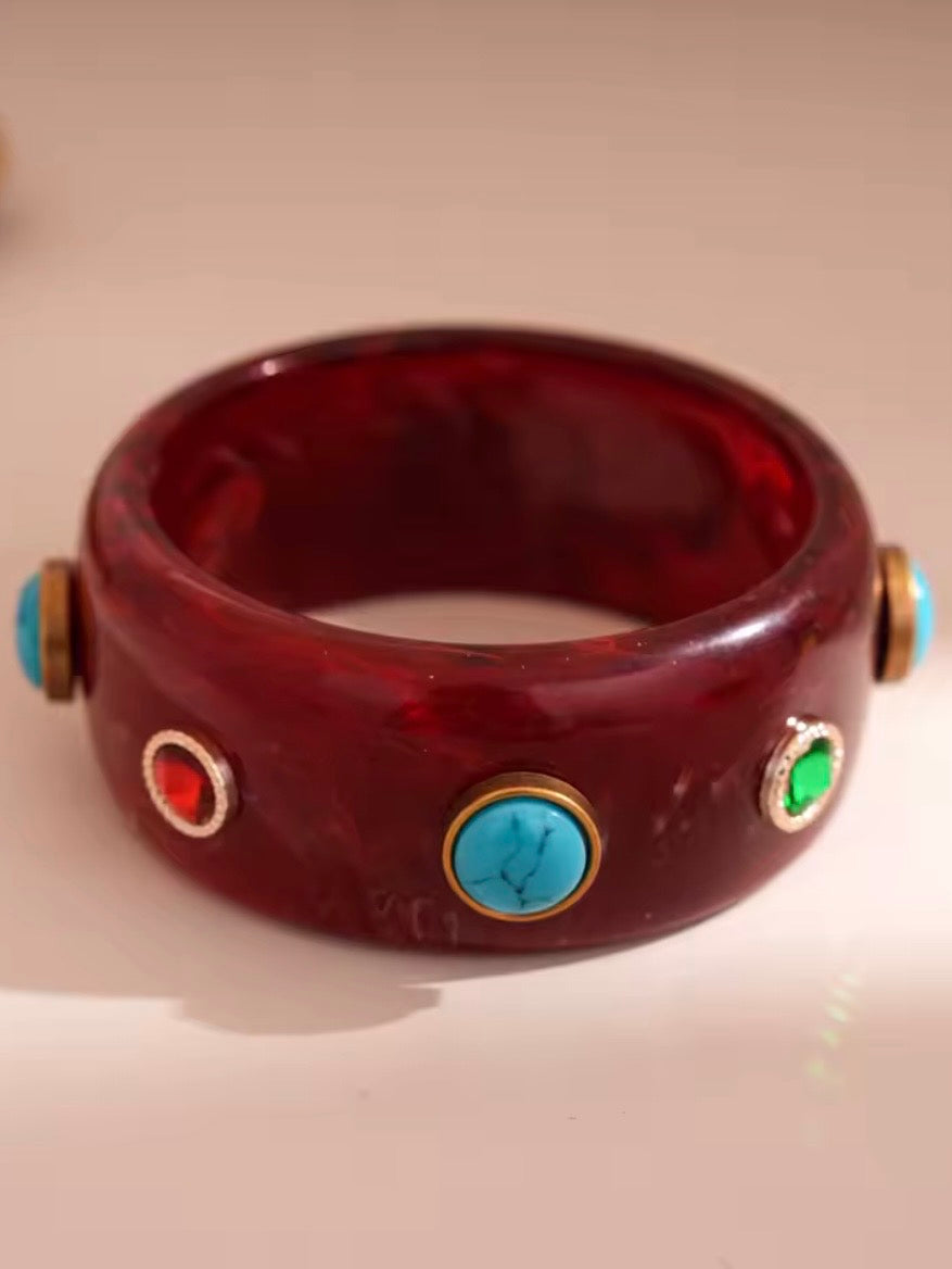 Red mixed designs resin studded brown wide bracelet