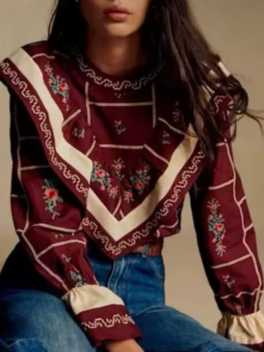 Burgundy floral printed high neck ruffled shirt