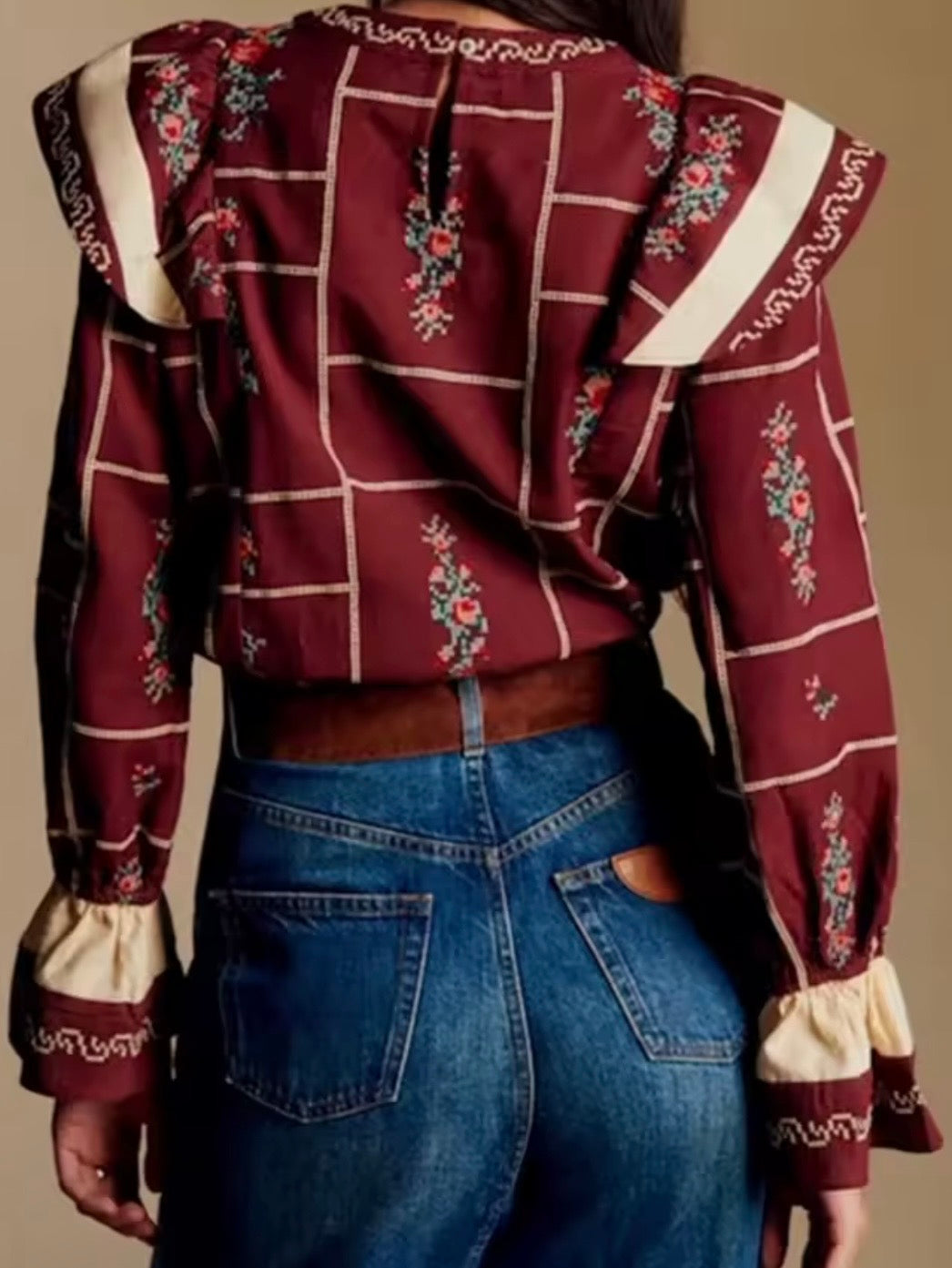 Burgundy floral printed high neck ruffled shirt