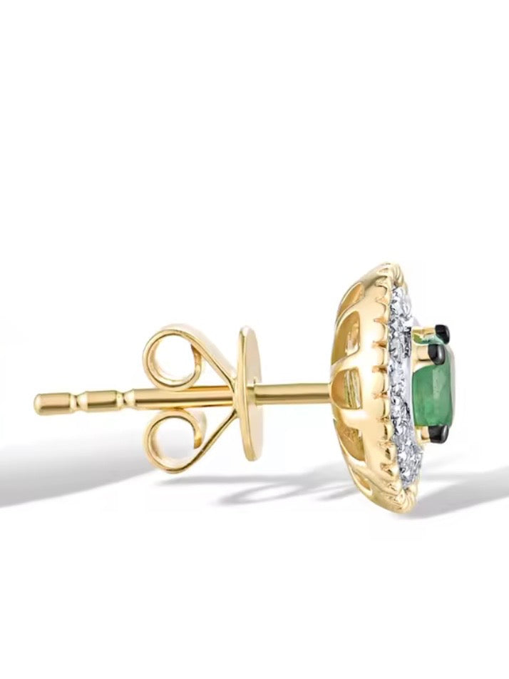 Round Gold 14k sparkling diamonds and green emeralds stud earrings