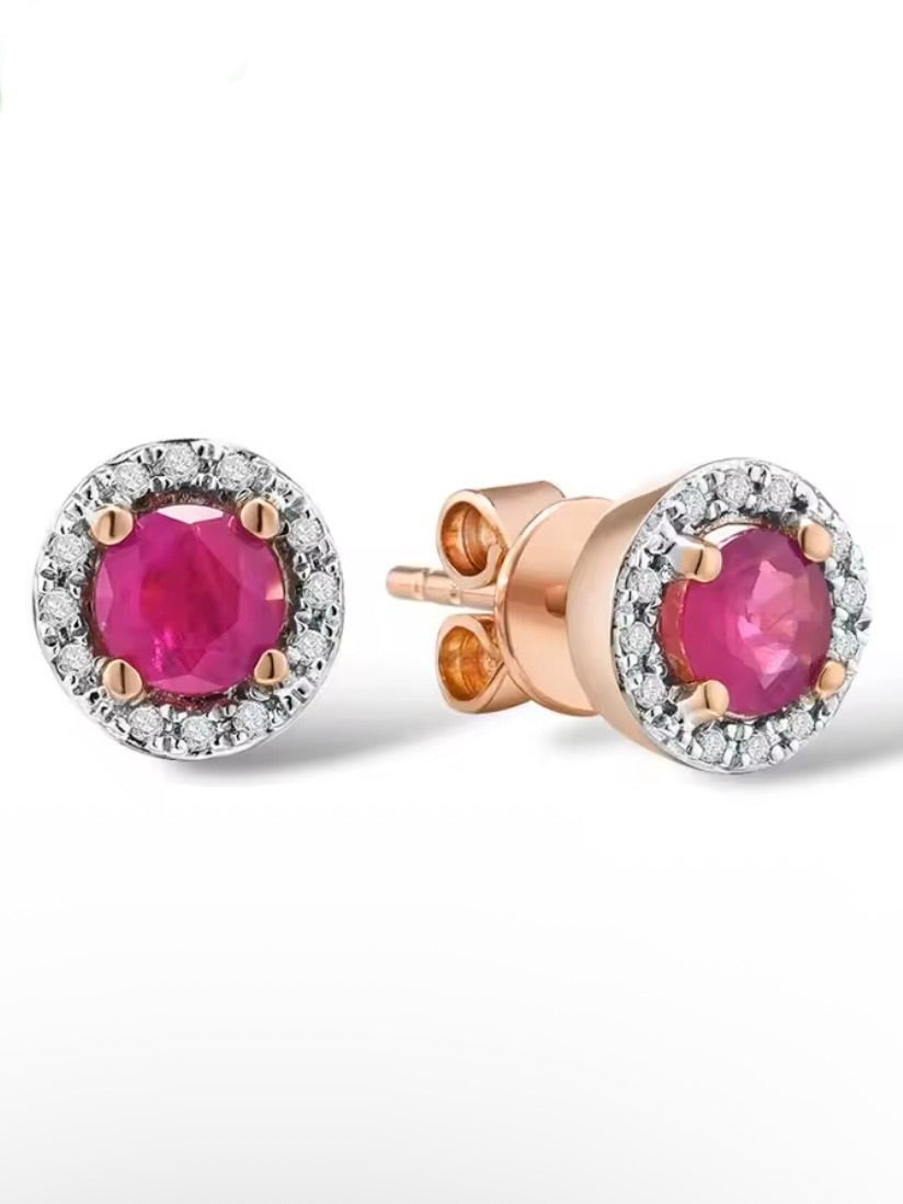 Round Gold 14k sparkling diamonds/garnet/emeralds/ruby stud earrings