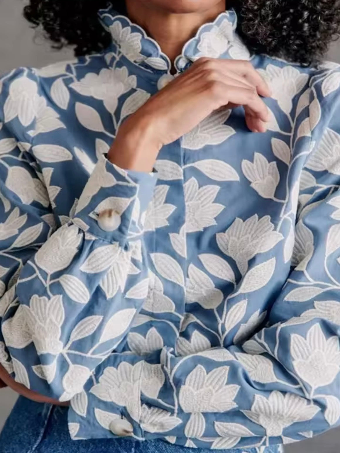 Light blue and white embroidered floral shirt