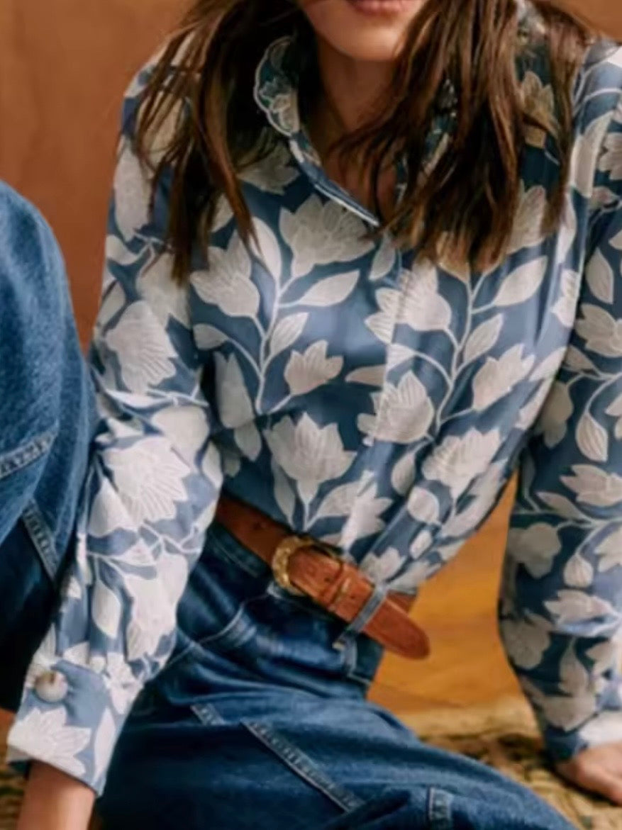 Light blue and white embroidered floral shirt