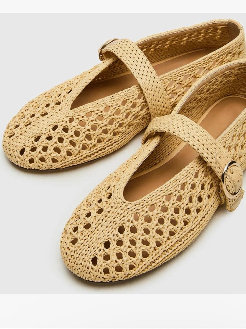Beige ballet net straw flats shoes
