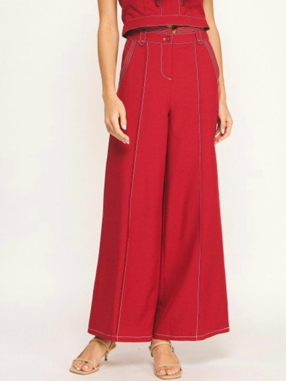 Red seams wide leg jeans pants