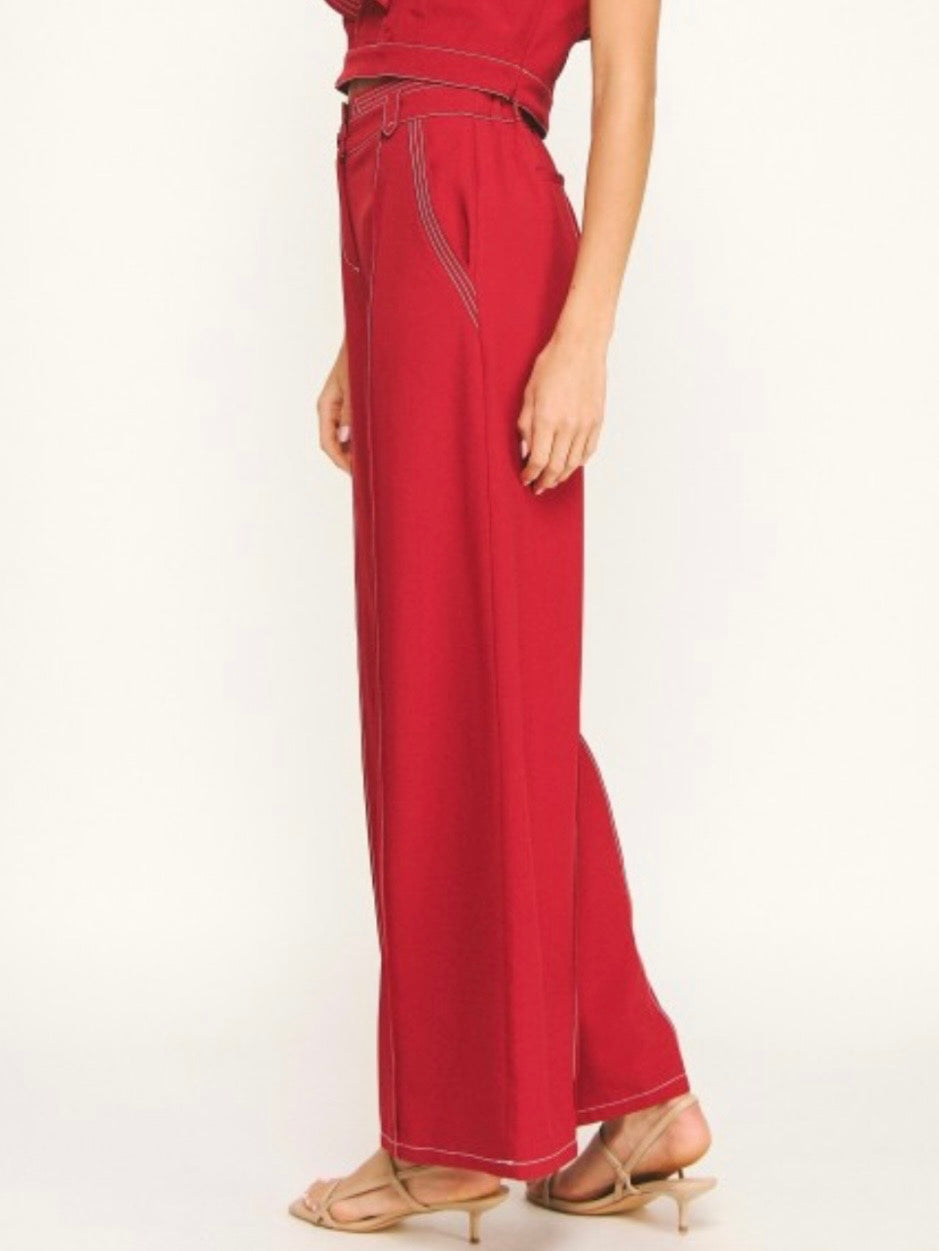 Red seams wide leg jeans pants