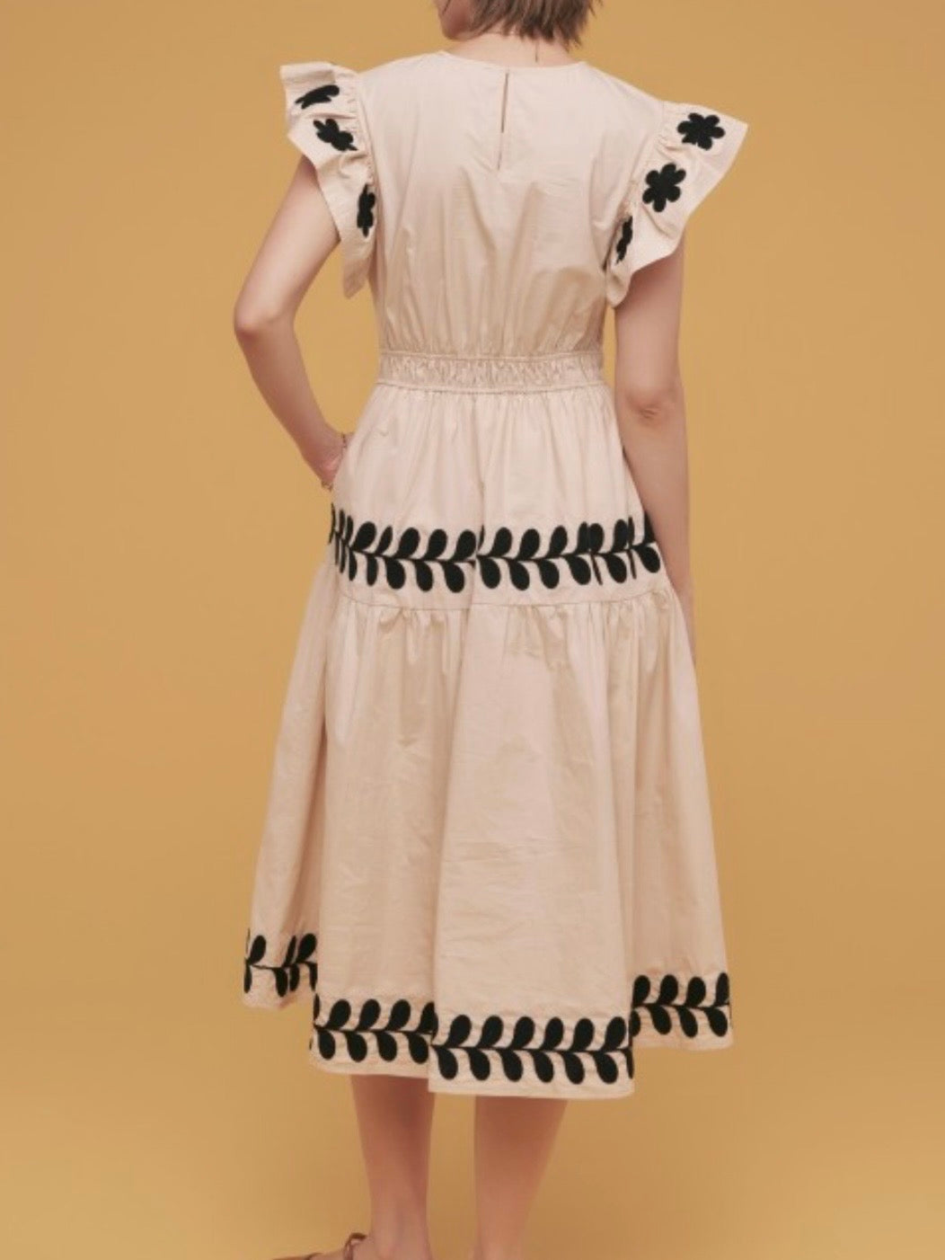 Beige and black floral embroidered midi dress