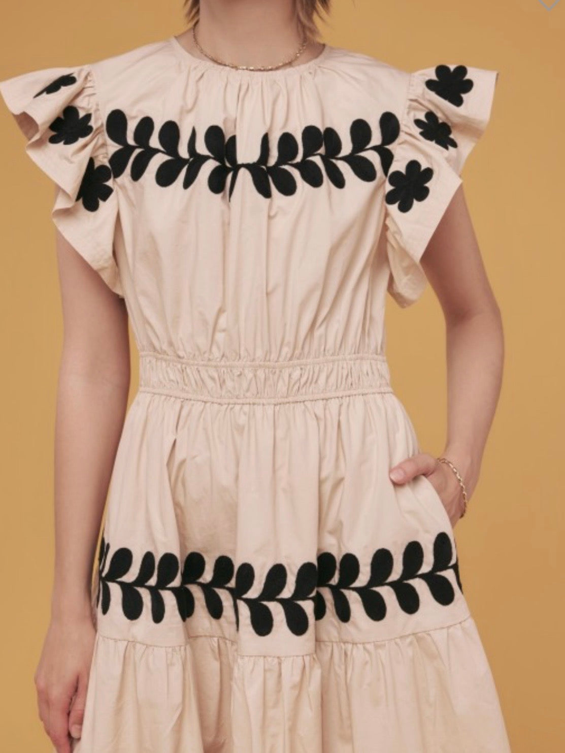 Beige and black floral embroidered midi dress