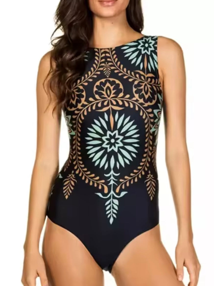 Dark gray bohemian print one piece swimsuit