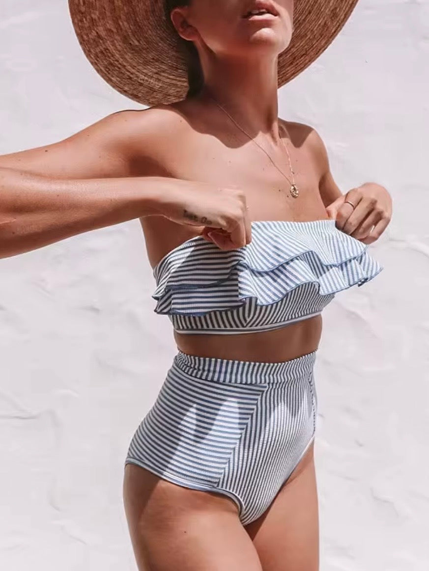 Striped colored strapless ruffles bikini