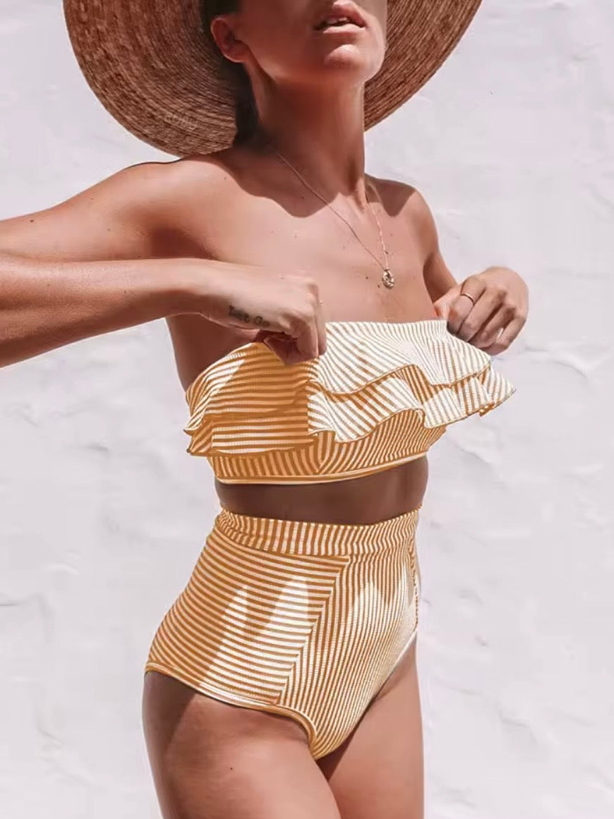 Striped colored strapless ruffles bikini