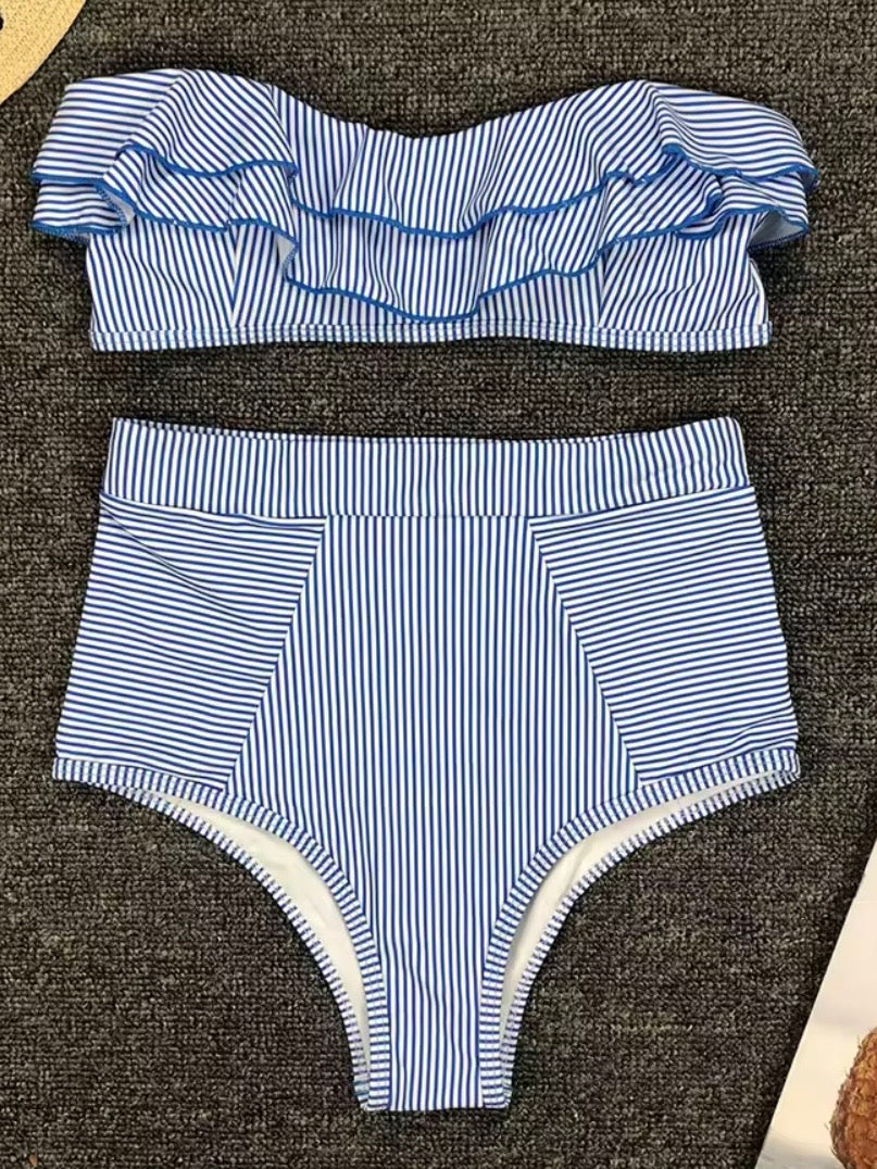 Striped colored strapless ruffles bikini