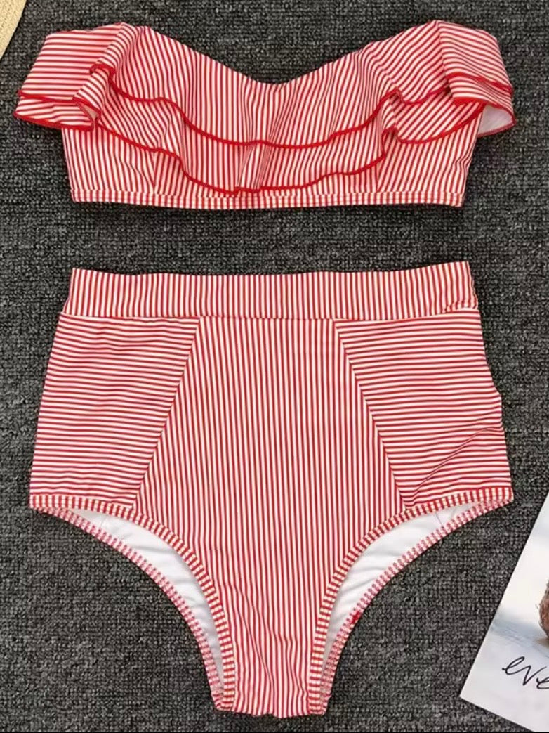 Striped colored strapless ruffles bikini