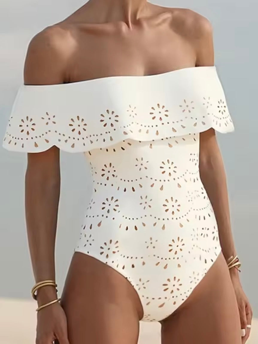 Beige natural cutout fabric set of 2, one piece strapless swimsuit and maxi skirt