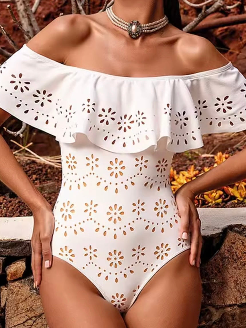 Beige natural cutout fabric set of 2, one piece strapless swimsuit and maxi skirt