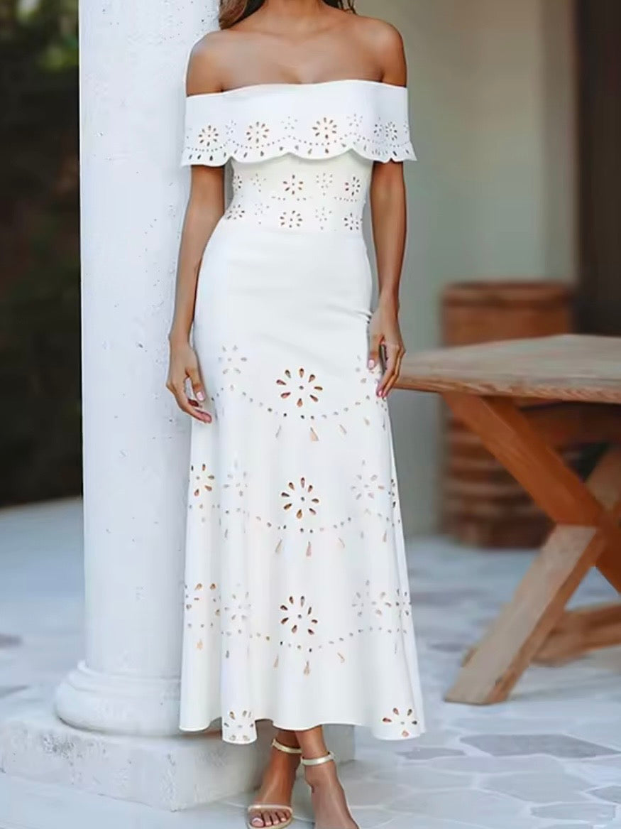 Beige natural cutout fabric set of 2, one piece strapless swimsuit and maxi skirt