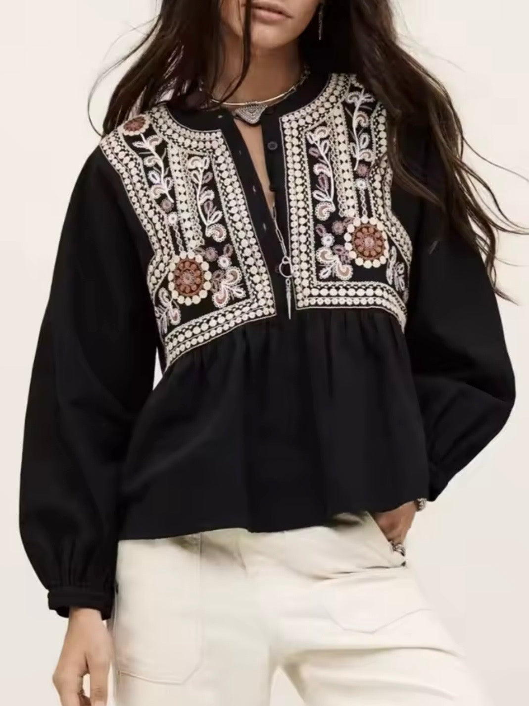 Black / White embroidered boho top blouse