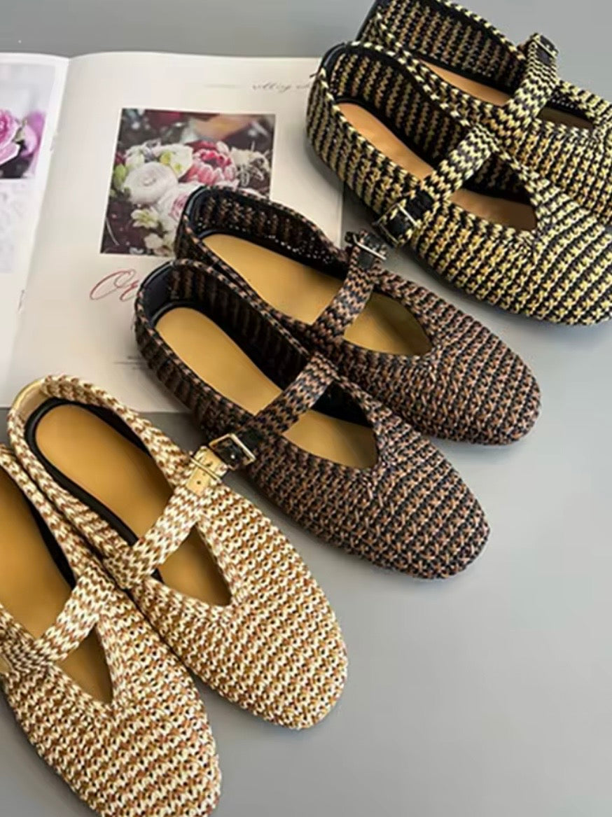 Natural/ Beige / Brown ballet net straw flats shoes