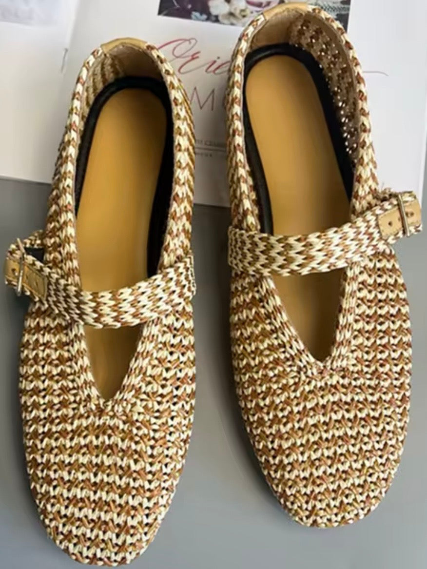 Natural/ Beige / Brown ballet net straw flats shoes