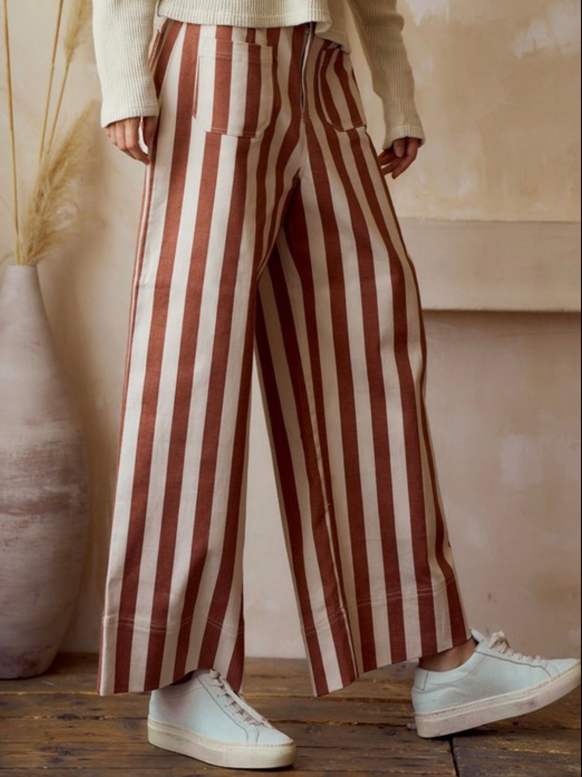 Red and white striped print Pattern wide Pants
