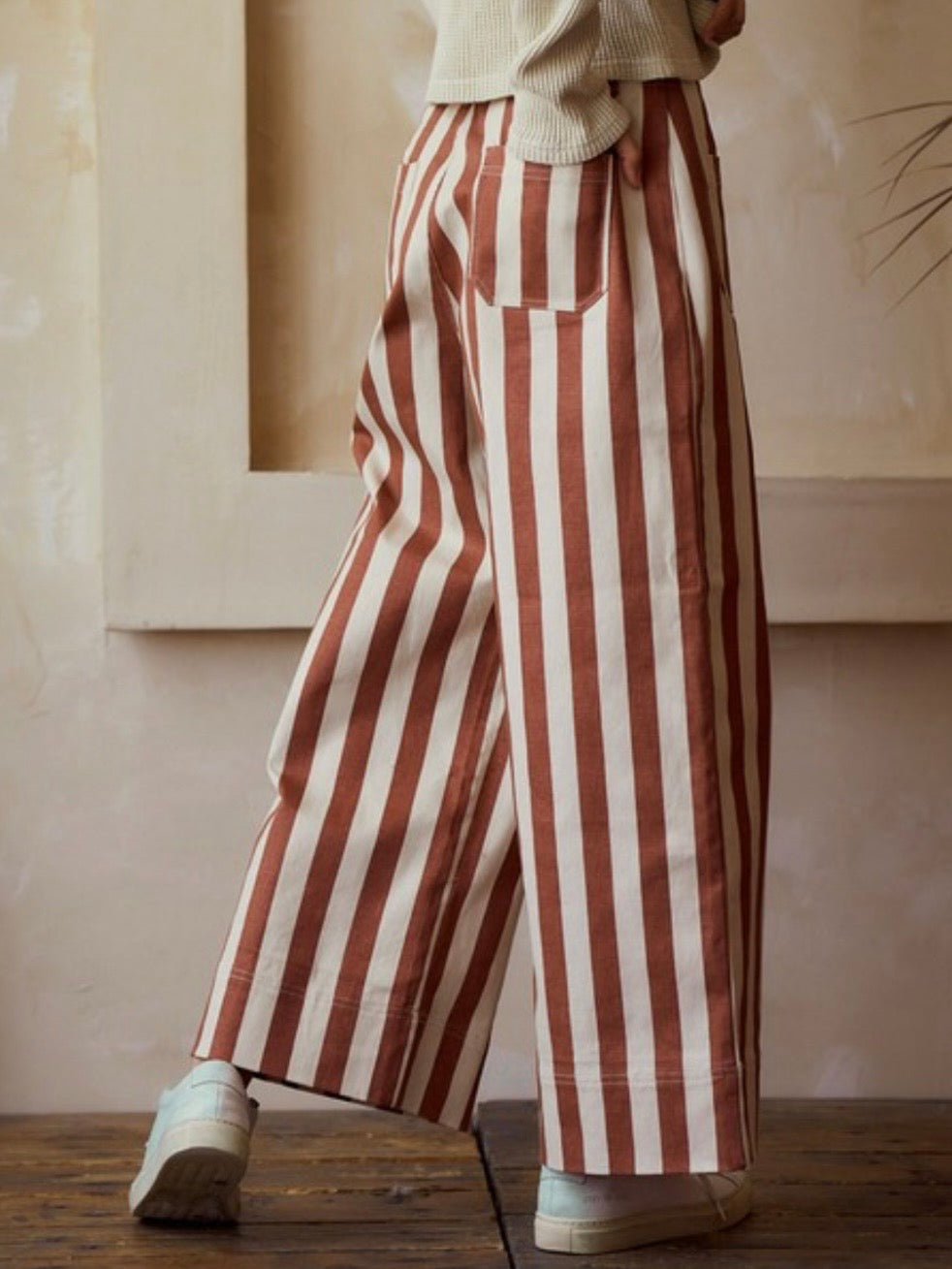Red and white striped print Pattern wide Pants