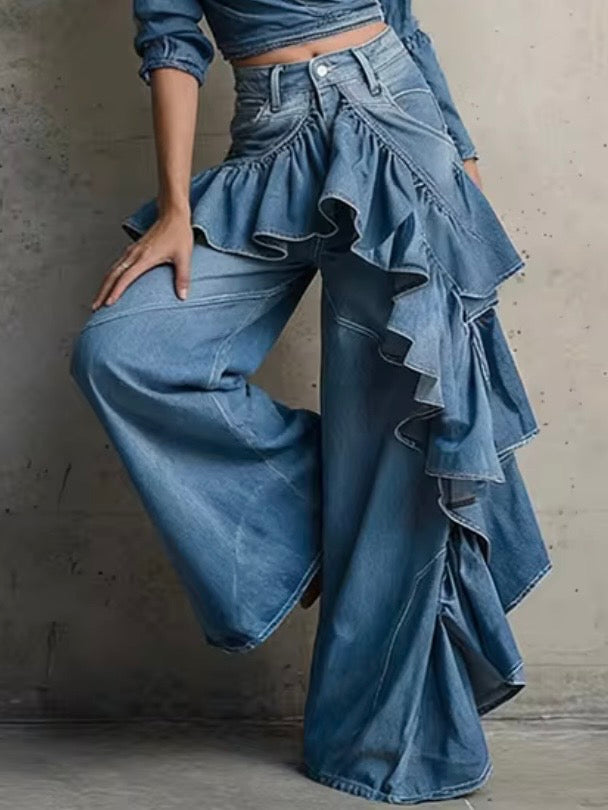 Mid blue ruffle side loose leg pants