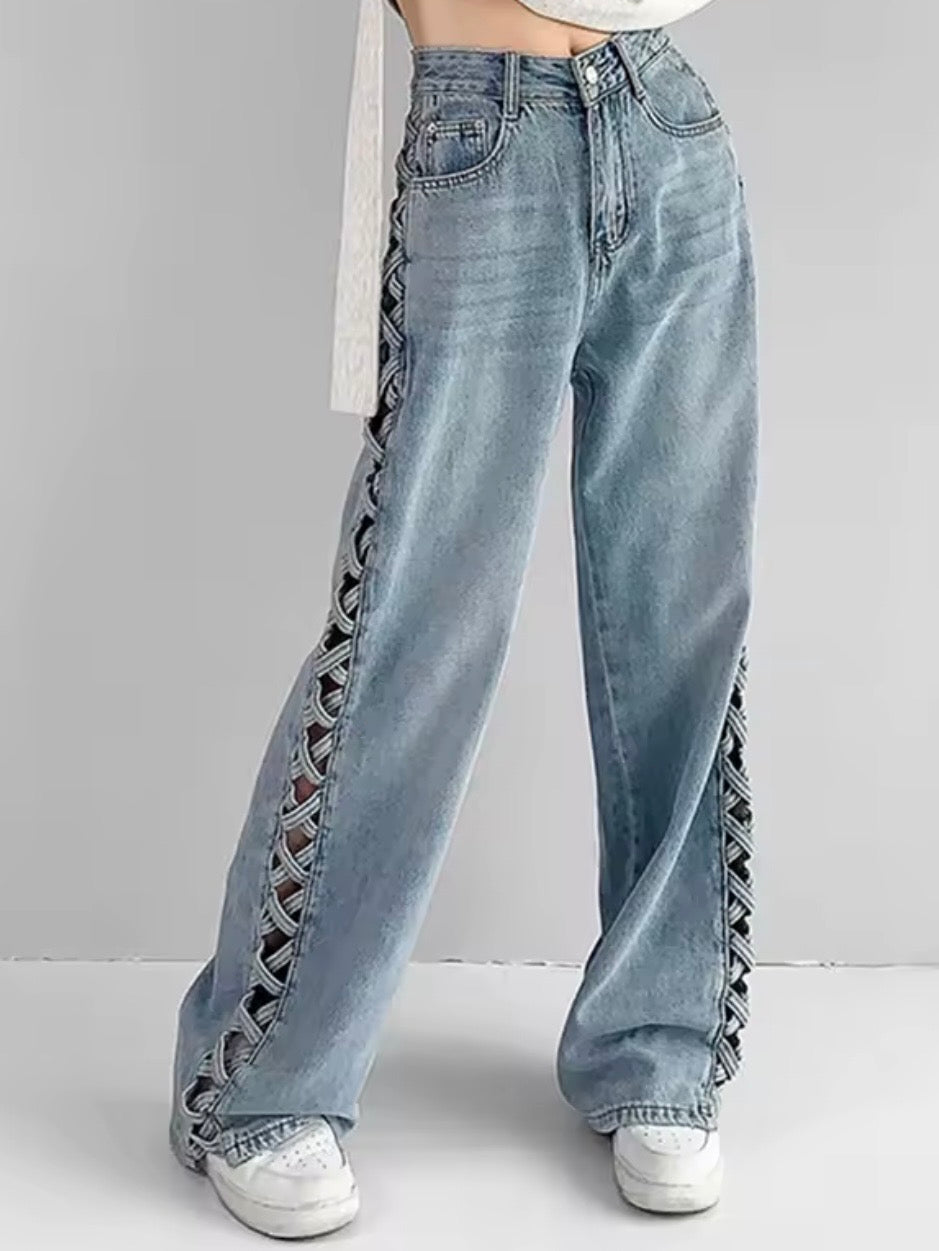 Mid blue denim gold hollow out wide leg Pants