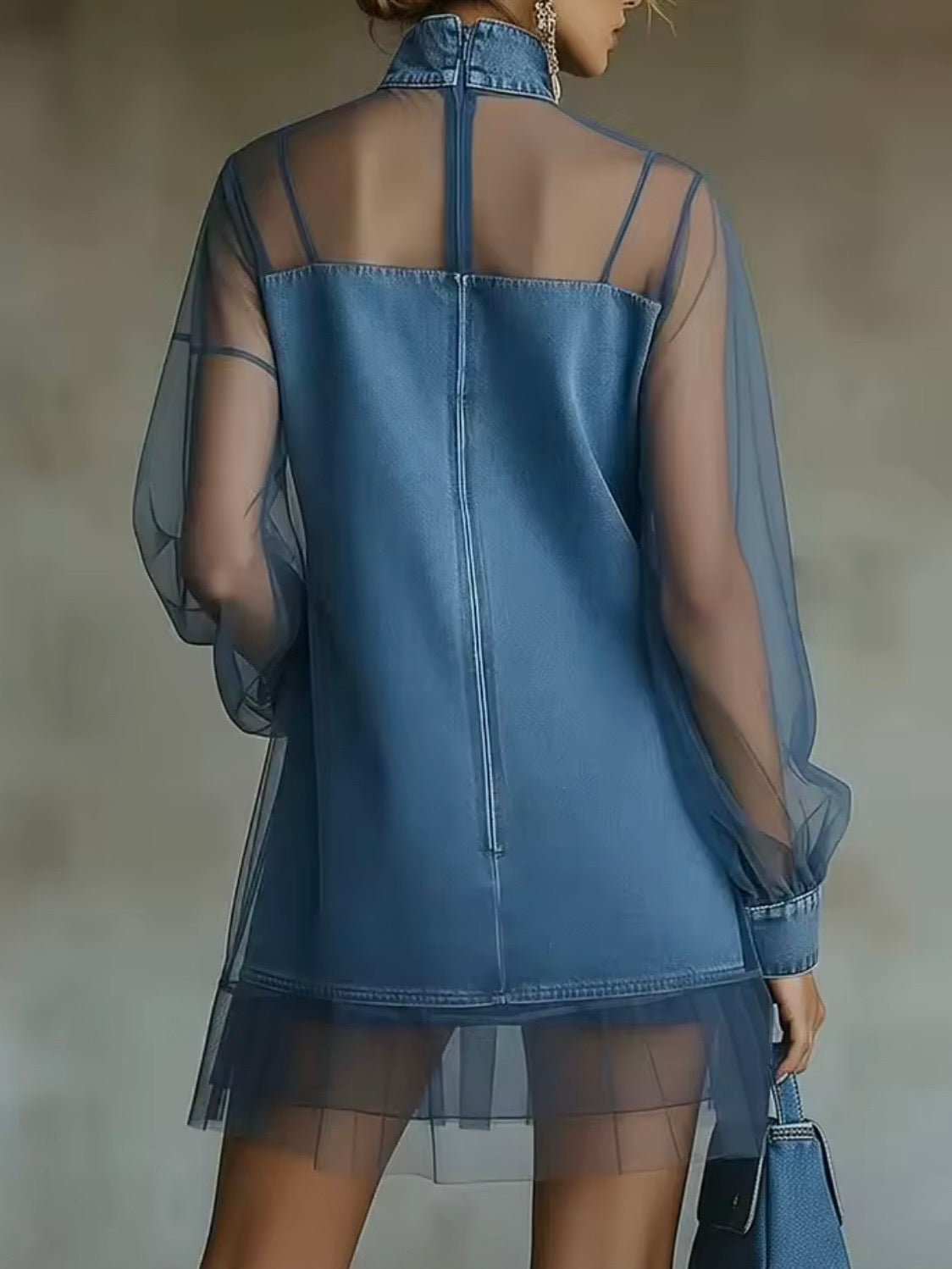 Blue denim see through long sleeves short mini dress