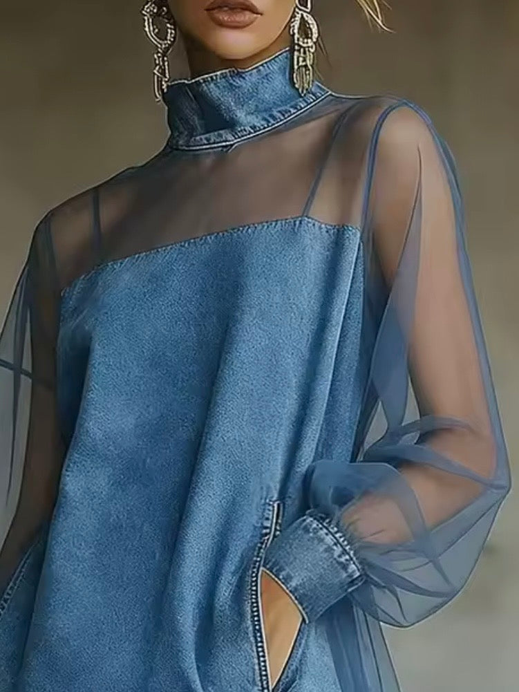 Blue denim see through long sleeves short mini dress