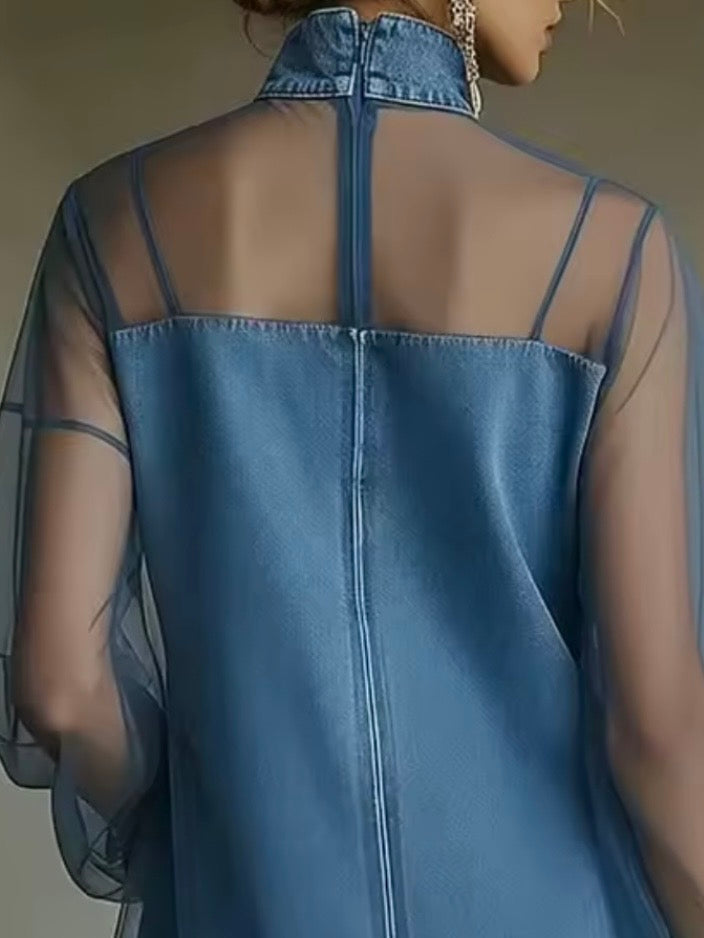 Blue denim see through long sleeves short mini dress