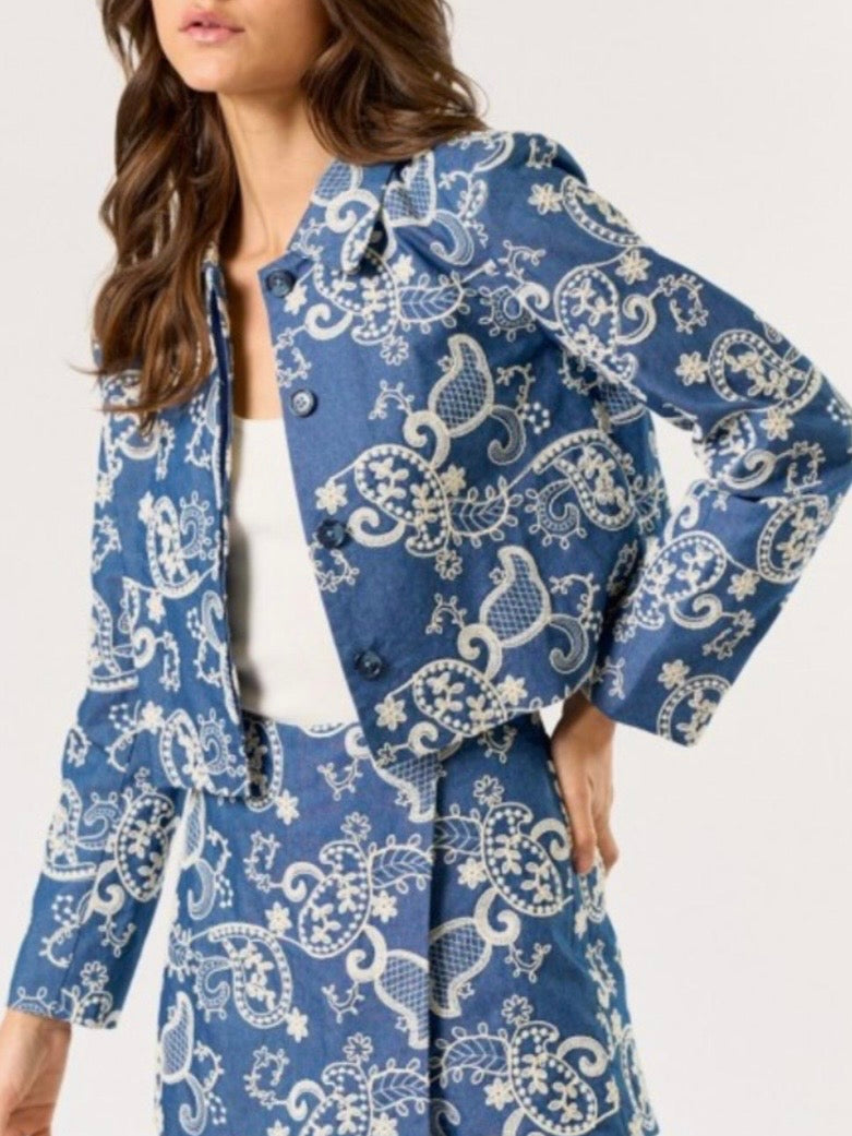 Mid blue floral embroidered denim jacket