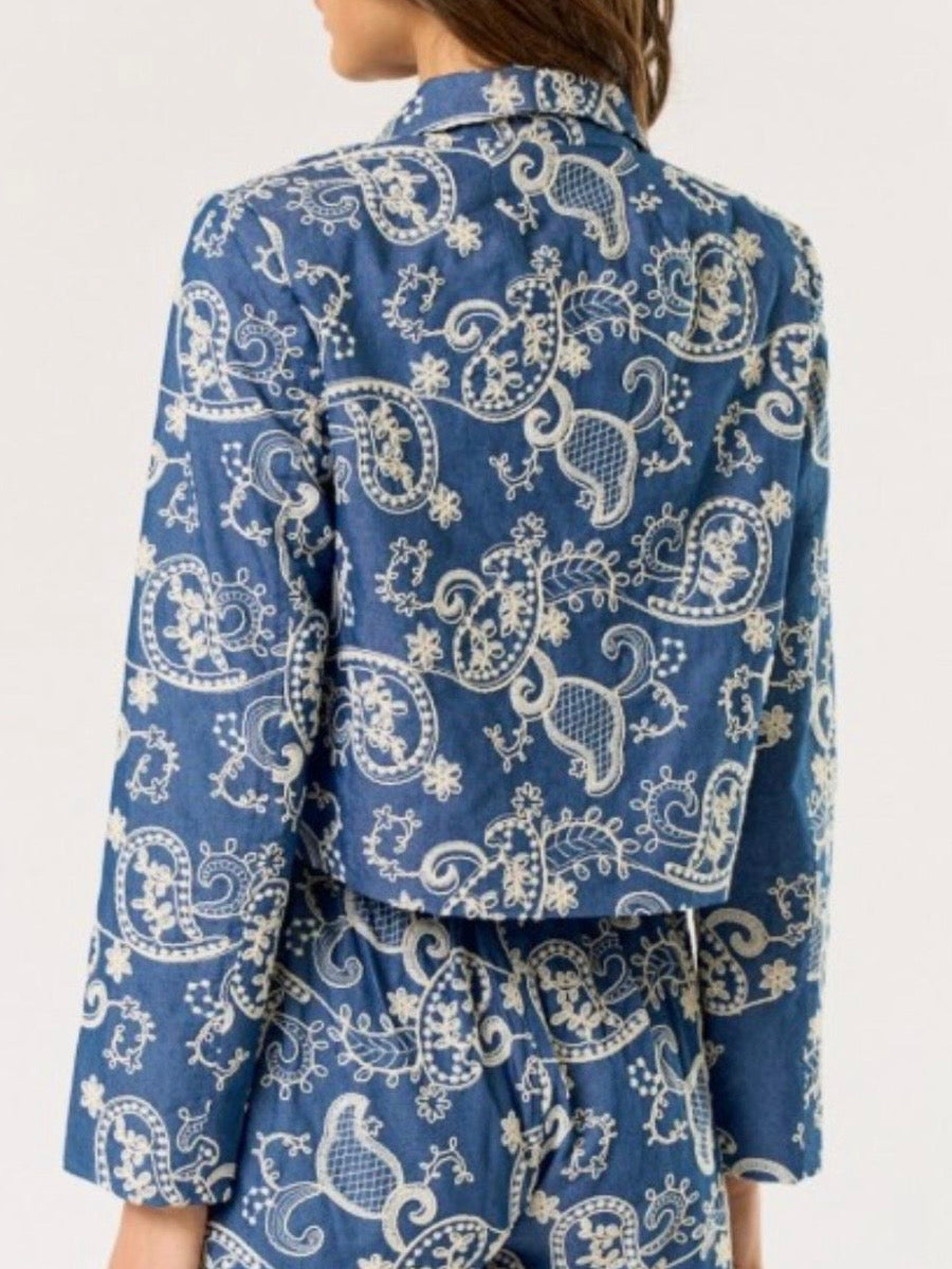 Mid blue floral embroidered denim jacket