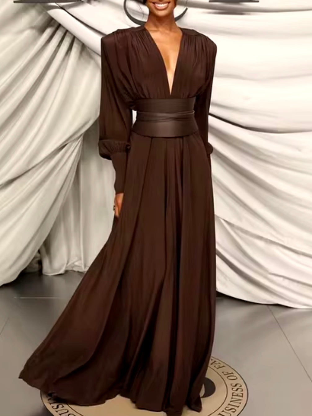 Dark brown pleated boho maxi dress
