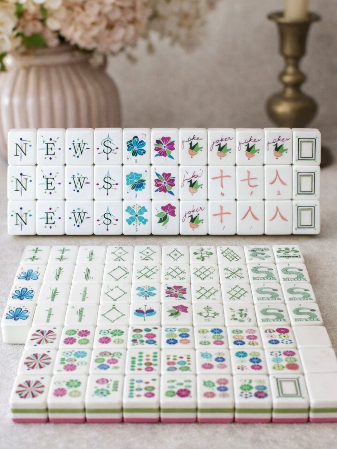 White Green and fuchsia Mahjong tiles set