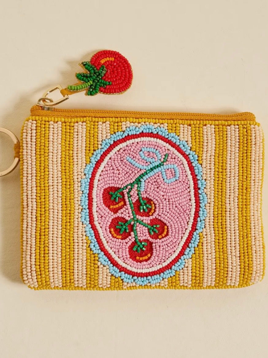 Cherries Yellow and white beads small pouch bag for jewelry, cosmetics and multifunctional