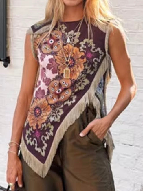 Burgundy and Green olive floral printed sleeveless loose fit top