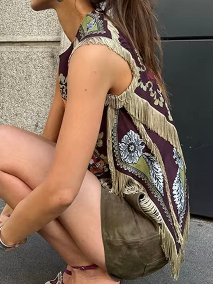 Burgundy and Green olive floral printed sleeveless loose fit top