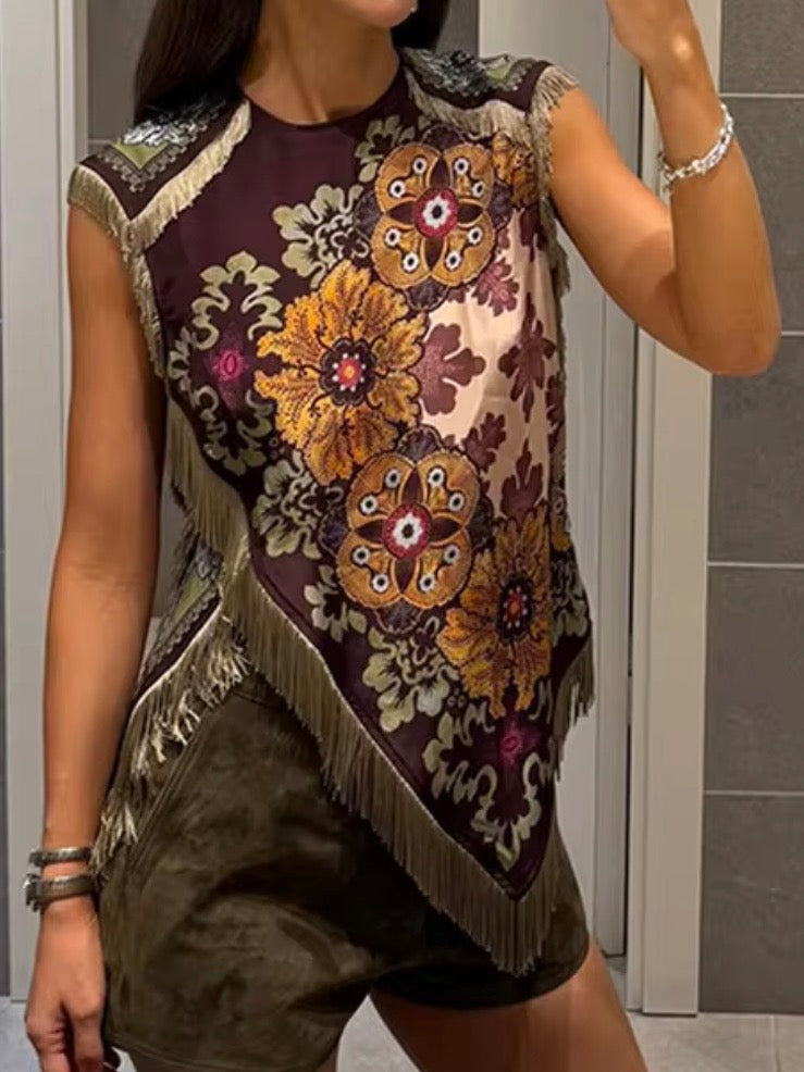 Burgundy and Green olive floral printed sleeveless loose fit top