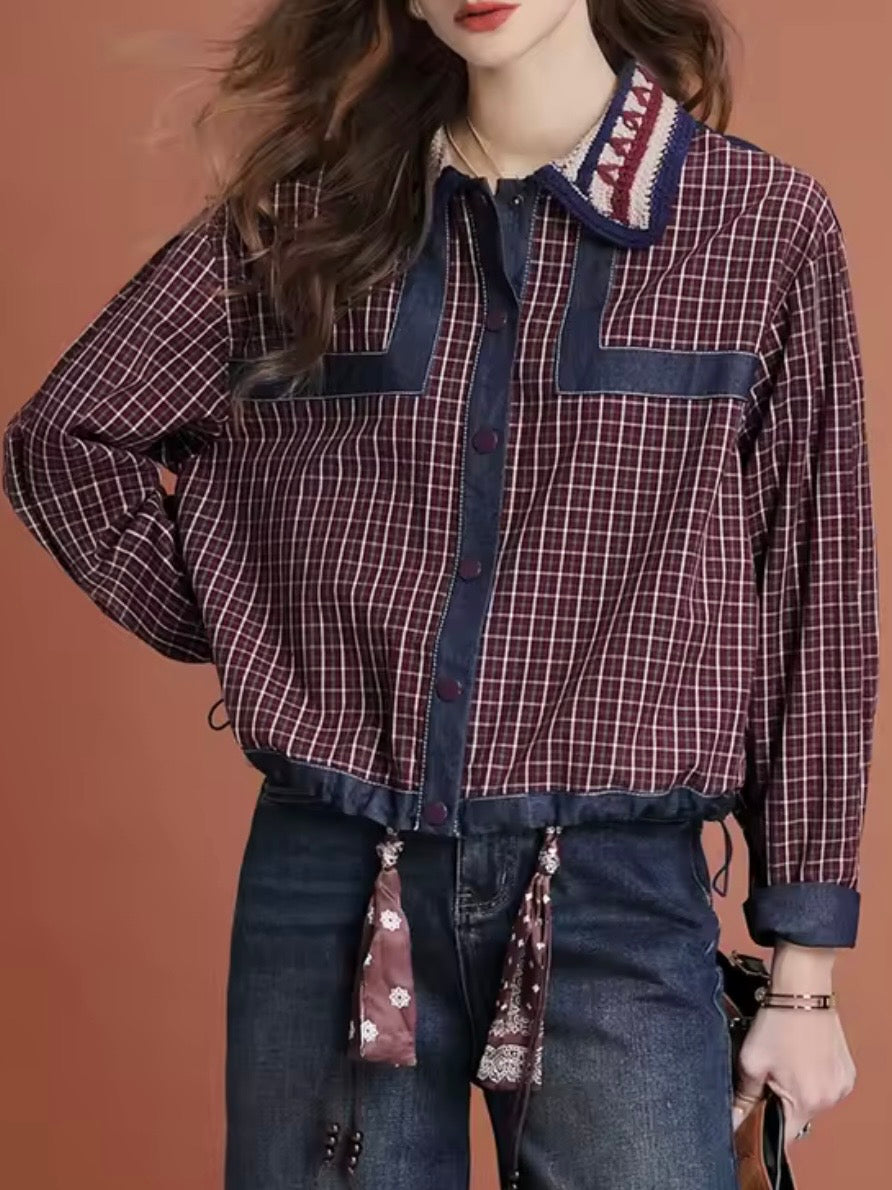 Blue and burgundy checkered denim shirt