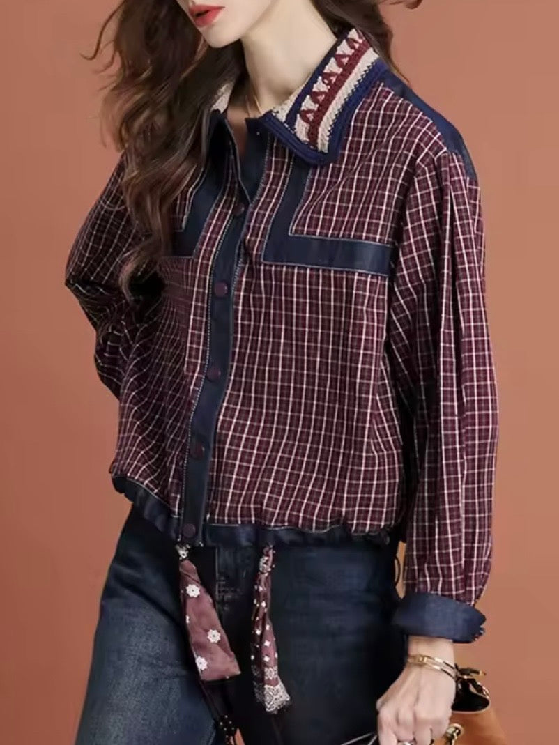 Blue and burgundy checkered denim shirt