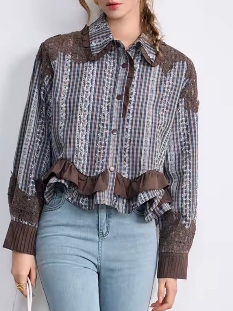 Blue and brown checkered denim shirt