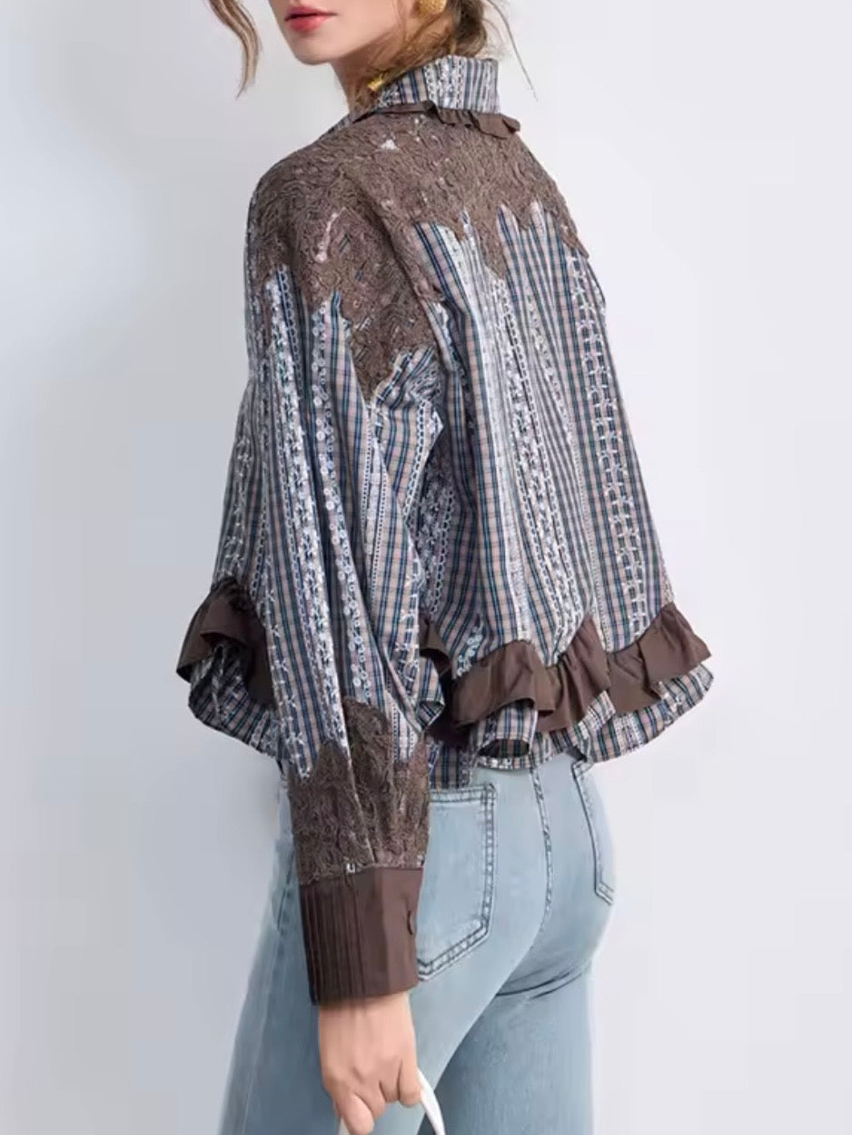 Blue and brown checkered denim shirt